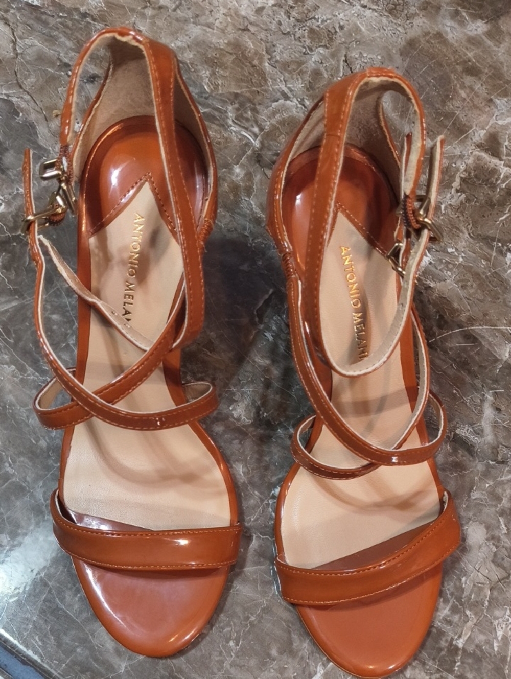 ANTONIO MELANI Cognac Patent Strappy Slingback Sandals